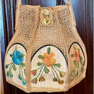 50’’s -60’s Vintage Purse Summer Tote Handbag Natural Raffia Hemp Floral Pastel